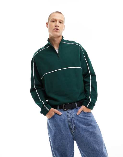 ASOS DESIGN - Sweat oversize à demi-patte zippée avec liserés - Vert foncé