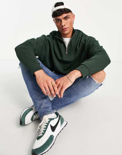 ASOS DESIGN - Sweat oversize à demi-patte zippée - Vert foncé
