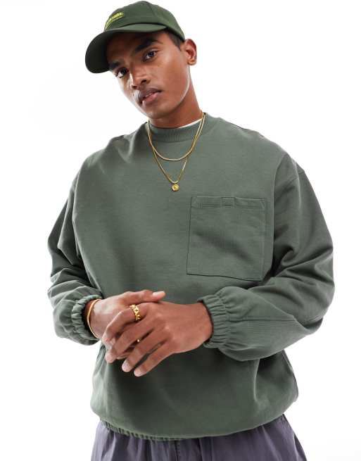 ASOS DESIGN - Sweat oversize à empiècement côtelé - Vert foncé