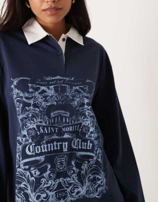 ASOS DESIGN - Sweat oversize à imprimé Country Club avec col polo - Bleu marine, 3 de 4