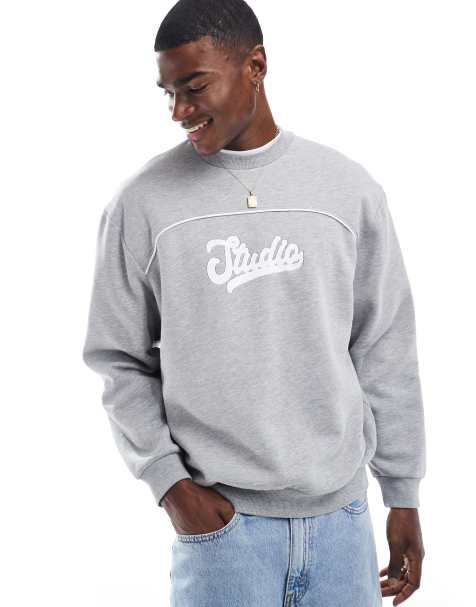ASOS DESIGN - Sweat oversize à passepoils et imprimé sur le devant - Gris chiné - view 1
