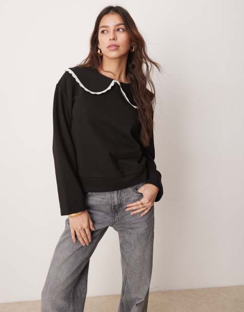 ASOS DESIGN - Sweat oversize avec col et bords en dentelle - Noir et blanc - view 1