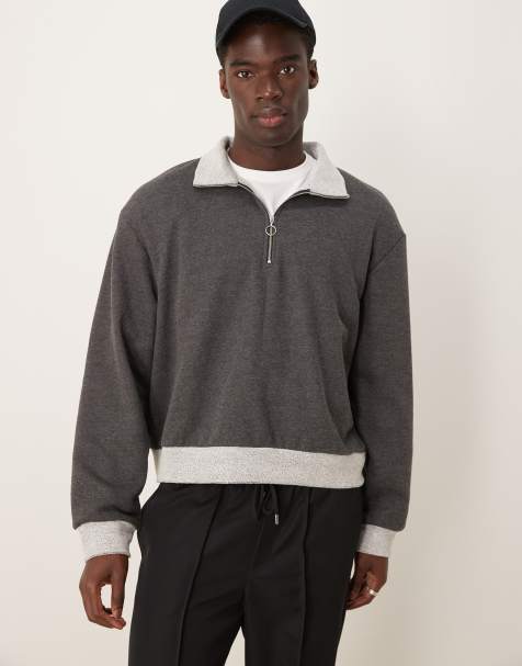 ASOS DESIGN - Sweat oversize coupe carrée à col cheminée zippé et ourlets contrastants - Anthracite - view 1