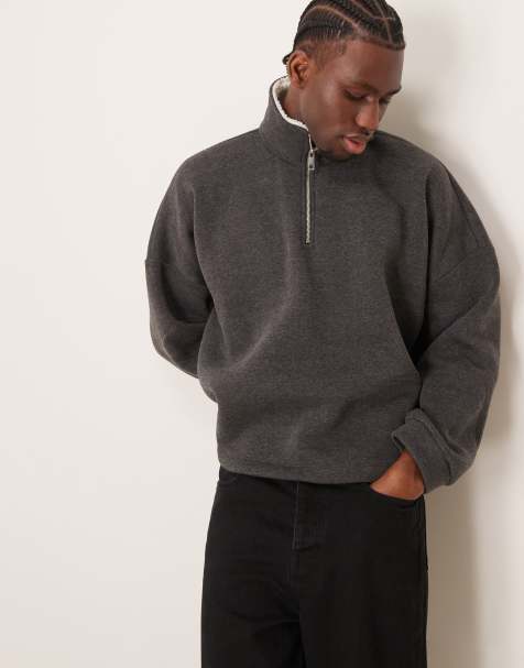 ASOS DESIGN - Sweat oversize coupe carrée avec épaules tombantes et col cheminée doublé d'imitation peau de mouton - Anthracite - view 1