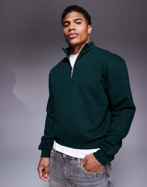 ASOS DESIGN - Sweat oversize coupe carrée en tissu épais 400 g/m² de qualité supérieure à col zippé - Vert foncé - view 1
