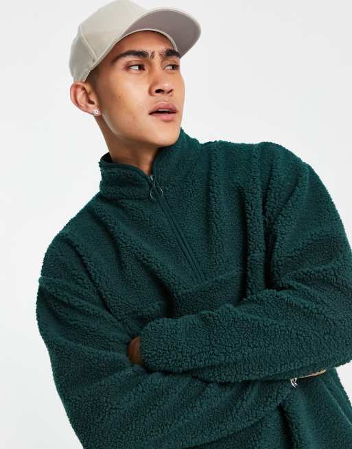ASOS DESIGN - Sweat oversize d'ensemble duveteux à col zippé en imitation peau de mouton - Vert foncé, 2 de 4
