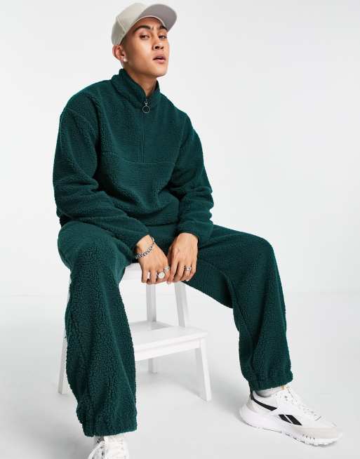 ASOS DESIGN - Sweat oversize d'ensemble duveteux à col zippé en imitation peau de mouton - Vert foncé, 4 de 4