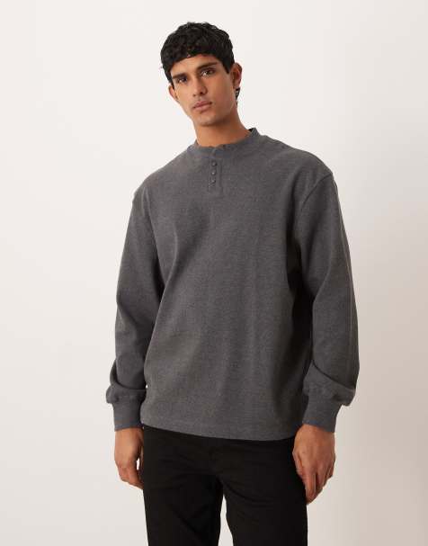 ASOS DESIGN - Sweat oversize d'ensemble en tissu nervuré épais à col grand-père - Anthracite chiné - view 1