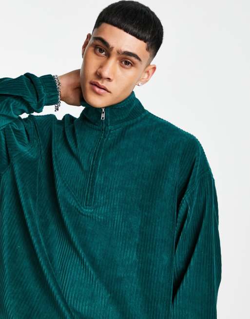 ASOS DESIGN - Sweat oversize d'ensemble en velours côtelé à demi-fermeture éclair - Vert profond