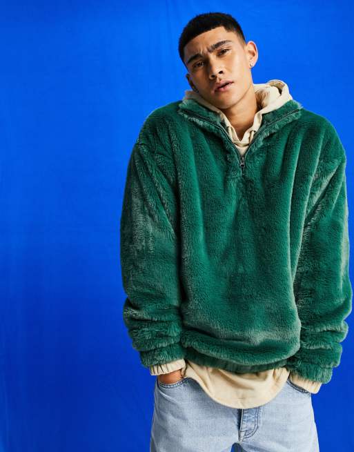 ASOS DESIGN - Sweat oversize en fausse fourrure avec demi-fermeture éclair - Vert bijou