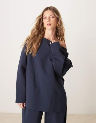 ASOS DESIGN - Sweat oversize en interlock à épaules dénudées - Bleu marine