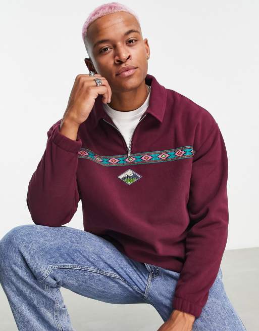 ASOS DESIGN - Sweat oversize en polaire avec encolure zippée et bande - Bordeaux