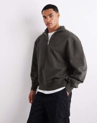ASOS DESIGN - Sweat oversize en tissu de 400 g/m² d'épaisseur de qualité supérieure à col zippé - Kaki-Vert