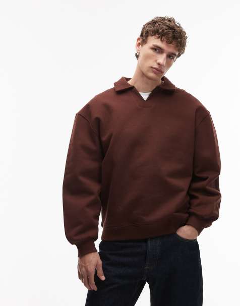 ASOS DESIGN - Sweat oversize en tissu épais 400 g/m² à col polo avec encoche - Marron foncé - view 1