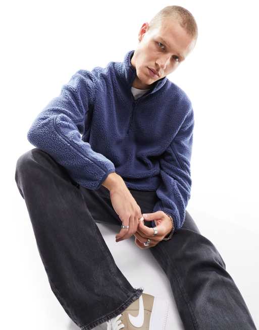ASOS DESIGN - Sweat oversize imitation peau de mouton à col zippé - Bleu denim