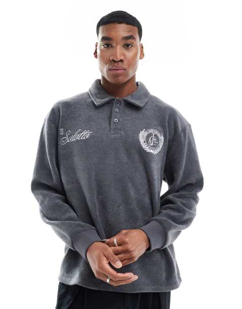 ASOS DESIGN - Sweat oversize style polo avec broderie - Gris - view 1