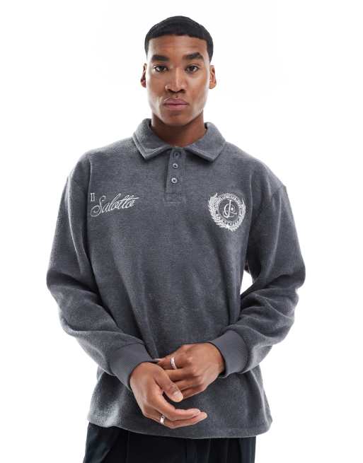 ASOS DESIGN - Sweat oversize style polo avec broderie - Gris