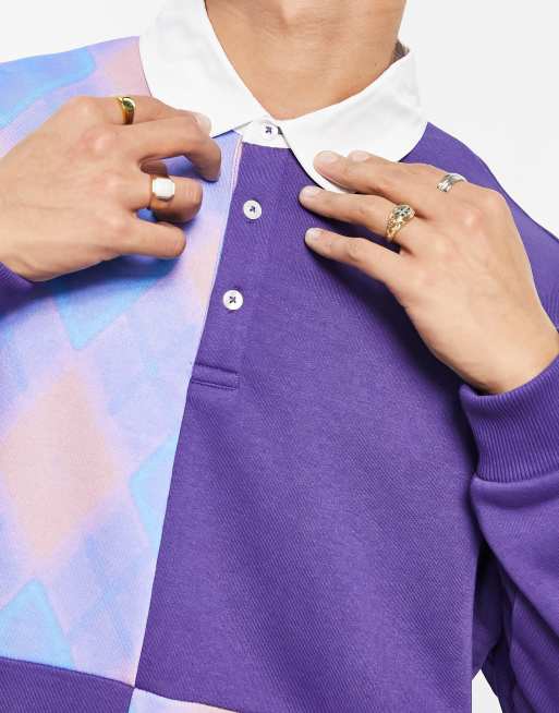 ASOS DESIGN - Sweat oversize style rugby avec col polo et empiècements à carreaux - Violet, 2 de 4