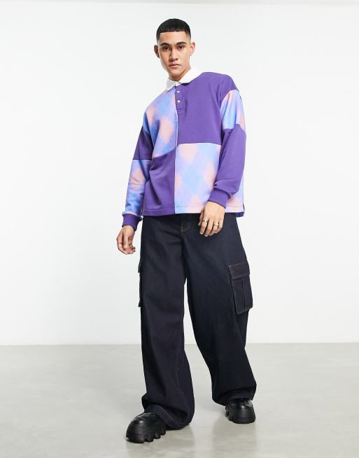 ASOS DESIGN - Sweat oversize style rugby avec col polo et empiècements à carreaux - Violet, 3 de 4