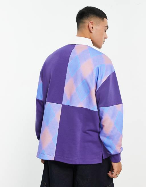ASOS DESIGN - Sweat oversize style rugby avec col polo et empiècements à carreaux - Violet, 4 de 4