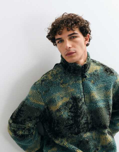 ASOS DESIGN sweat polaire imitation peau de mouton zippé à mi-hauteur à imprimé paysage vert - view 1