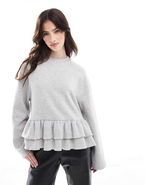 ASOS DESIGN - Sweat ras de cou avec ourlet à volants - Gris chiné - view 1