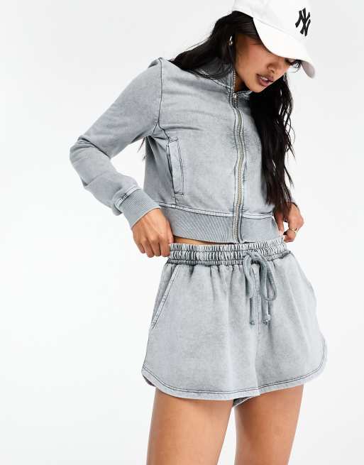 ASOS DESIGN sweat runner shorts in washed denim (part of a set)