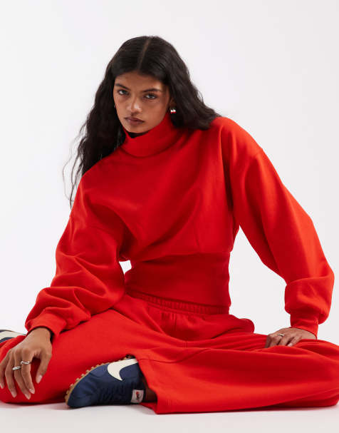 ASOS DESIGN sweat-shirt à col cheminée et taille cintrée en molleton gratté rouge - view 1