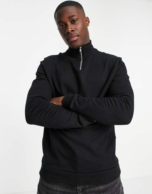 ASOS DESIGN - Sweat-shirt à demi-fermeture éclair en tissu - Noir - BLACK