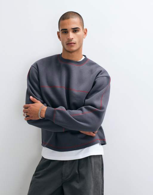 ASOS DESIGN - Ensemble décontracté avec sweat coupe carrée à col ras du coup et pantalon de jogging à coutures contrastantes - Anthracite, 2 de 3