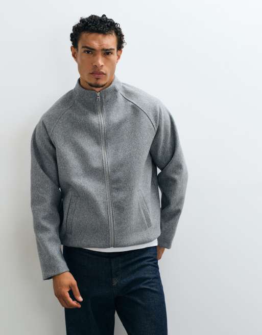 ASOS DESIGN sweat-shirt coupe relaxed à col cheminée zippé intégral, texture effet laine, gris, 2 de 5