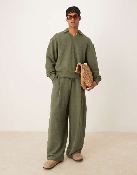 ASOS DESIGN - Sweat-shirt élégant aspect lin coupe carrée oversize à col polo - Kaki - view 1