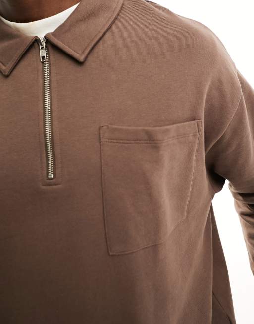 ASOS DESIGN - Sweat-shirt oversize à col et demi-fermeture éclair - Marron, 4 de 4