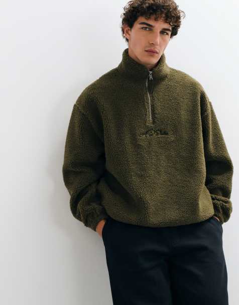 ASOS DESIGN sweat-shirt oversize à demi-zip en imitation peau de mouton avec broderie, vert olive - view 1