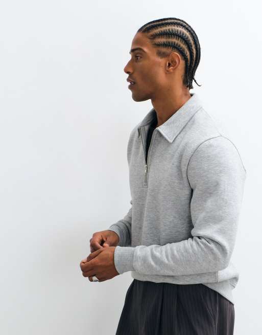 ASOS DESIGN sweat-shirt polo coupe standard à demi-zip en gris chiné, 2 de 5