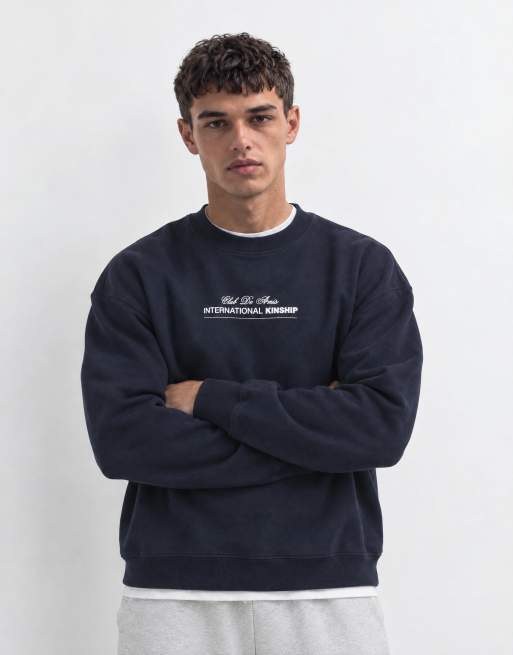 ASOS DESIGN sweat-shirt ras de cou oversize épais avec imprimé poitrine en bleu marine, 6 de 10