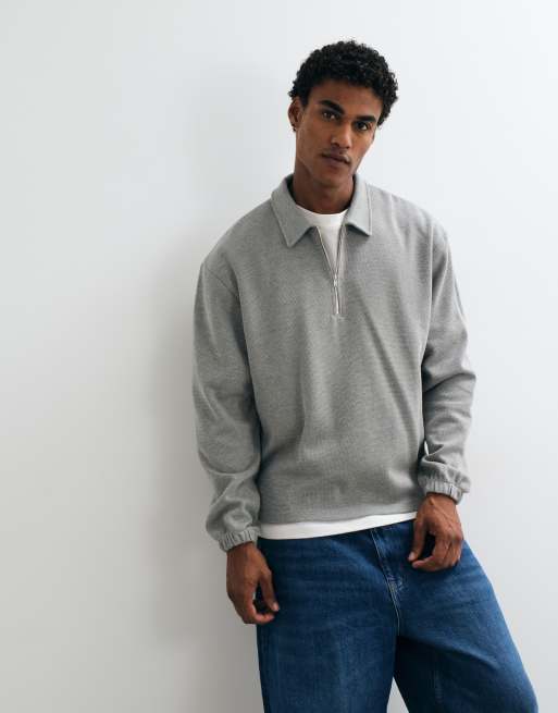 ASOS DESIGN sweat-shirt relaxed en piqué à quart de zip gris, 2 de 5
