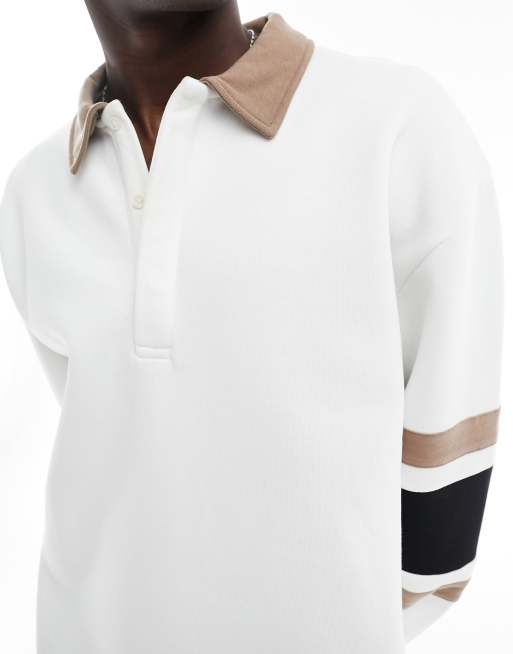 ASOS DESIGN - Sweat style polo de rugby oversize à rayures - Blanc cassé, 3 de 4