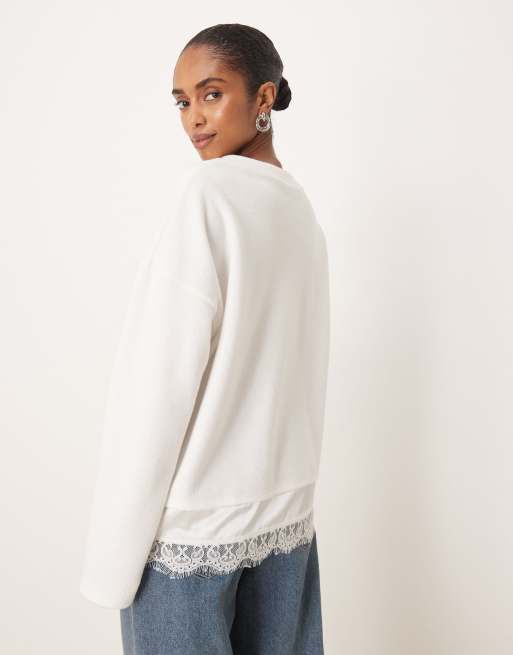 ASOS DESIGN - Sweat ultra doux à col V et empiècement en dentelle - Blanc hivernal, 3 de 4