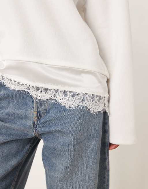 ASOS DESIGN - Sweat ultra doux à col V et empiècement en dentelle - Blanc hivernal, 4 de 4