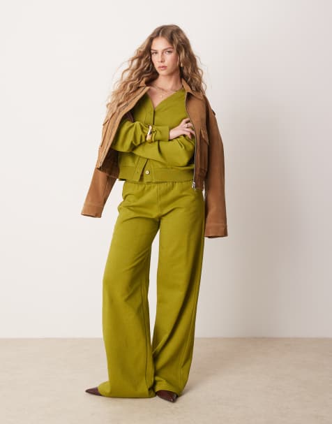 ASOS DESIGN sweat wide leg trackies in olive - view 1