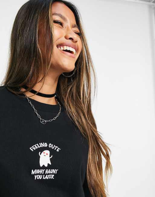 ASOS DESIGN sweat with embroidered feelling cute might haunt you later ghost in black