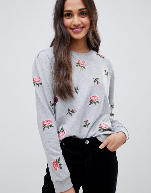 ASOS DESIGN sweat with gathered sleeve and floral embroidery | ASOS