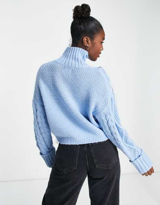 ASOS DESIGN sweater in cable with faux feather detail in light blue