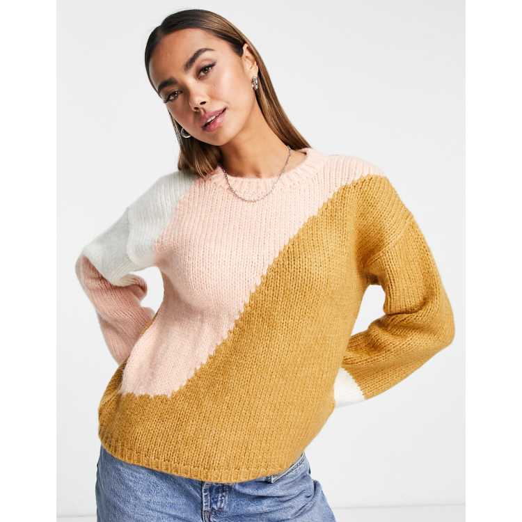 ASOS DESIGN knitted color block sweater in plush yarn