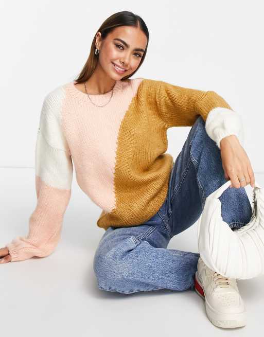 ASOS DESIGN knitted color block sweater in plush yarn