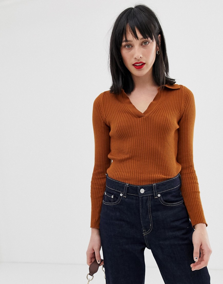ASOS DESIGN sweater in fine rib with collar detail-Brown