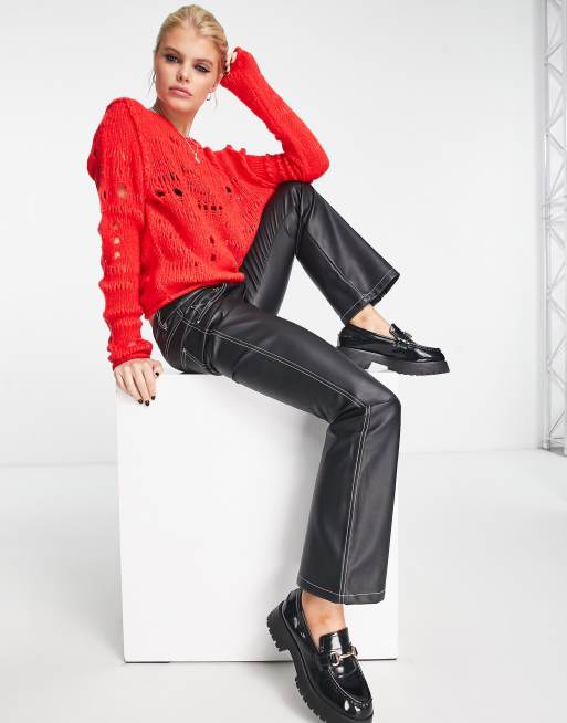 ASOS DESIGN sweater in fluffy yarn with distressed stitch in red, 3 of 4