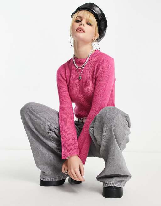 ASOS DESIGN crop cable sweater with fringe in chenille yarn in pink