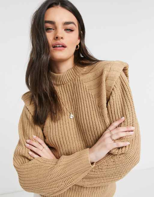 Asos Design Sweater In Mixed Rib With Shoulder Detail In Camel Asos